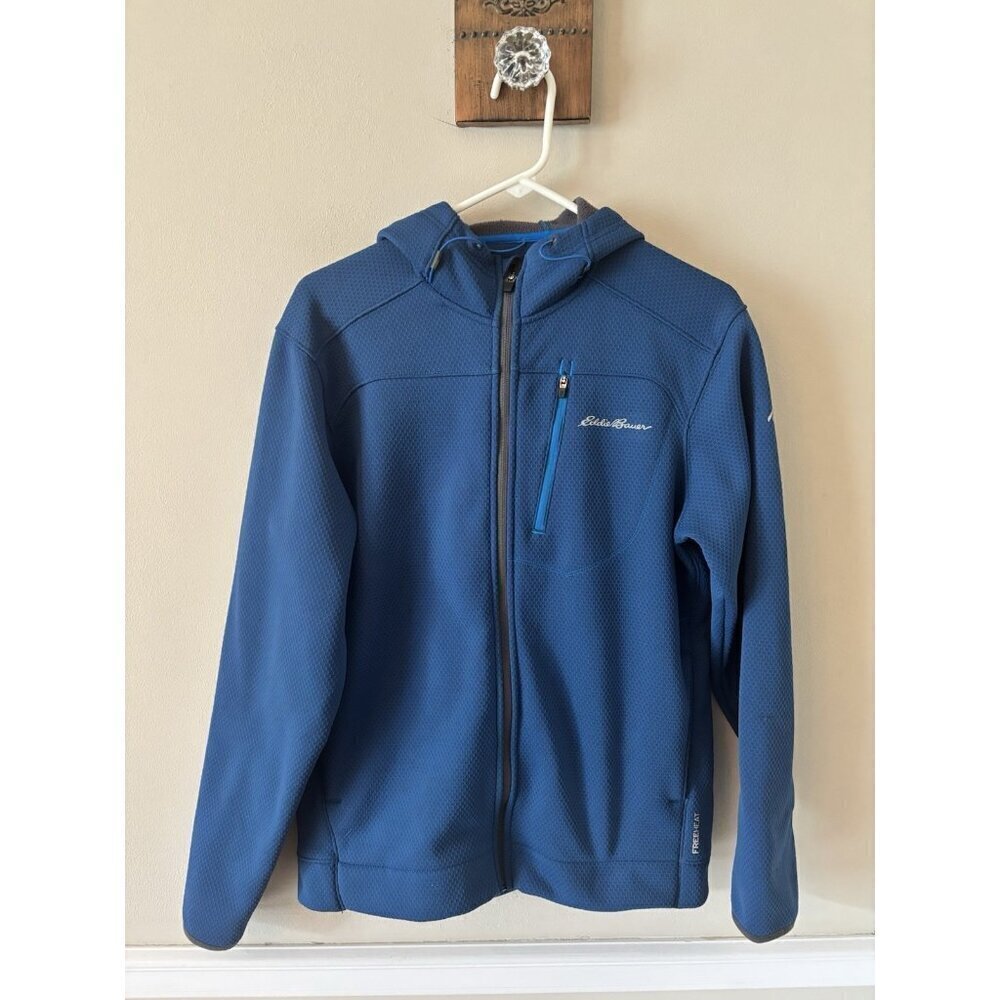 Eddie Bauer Motion Mens Size Small Blue Waffle Knit Full Zip Jacket Hooded
